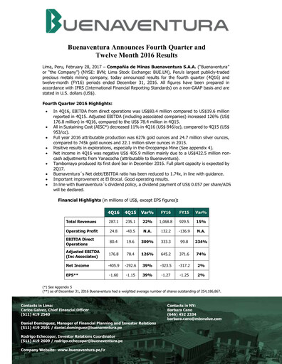 Miniature Buenaventura Mining Company  Bilan financier 2016
