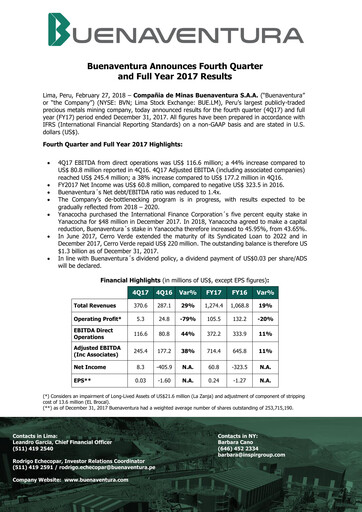 Miniature Buenaventura Mining Company  Bilan financier 2017
