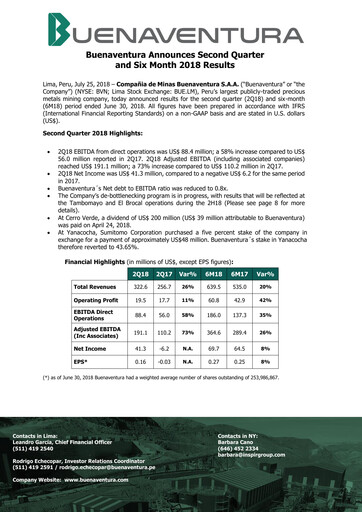 Miniature Buenaventura Mining Company  Bilan financier 2018-h1