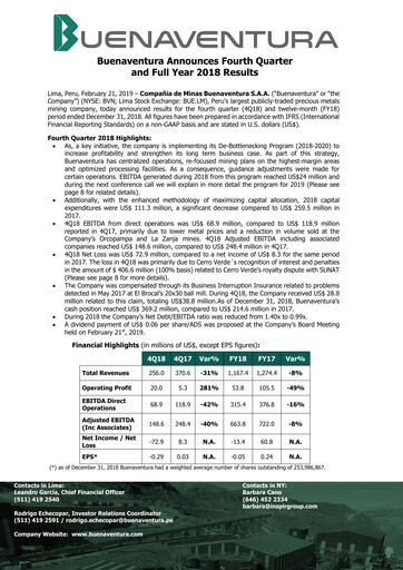 Miniature Buenaventura Mining Company  Bilan financier 2018