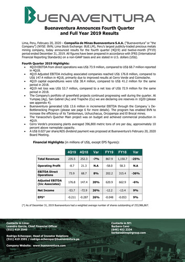 Miniature Buenaventura Mining Company  Bilan financier 2019