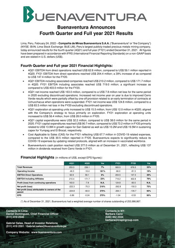 Miniature Buenaventura Mining Company  Bilan financier 2021