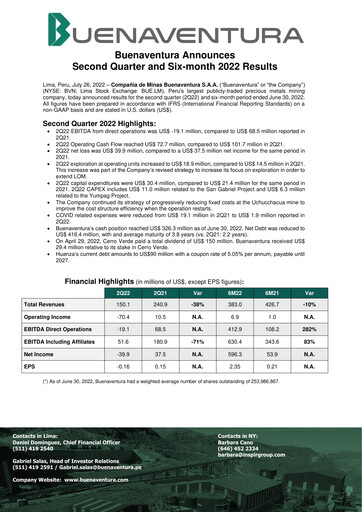 Miniature Buenaventura Mining Company  Bilan financier 2022-h1