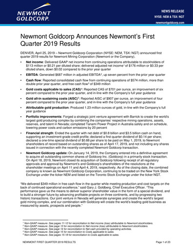 Miniature Newmont Rapport trimestriel 2019-q1