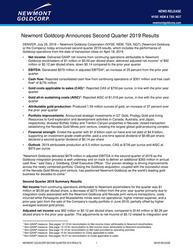 Miniature Newmont Rapport trimestriel 2019-q2