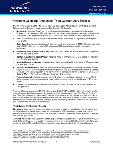 Miniature Newmont Rapport trimestriel 2019-q3