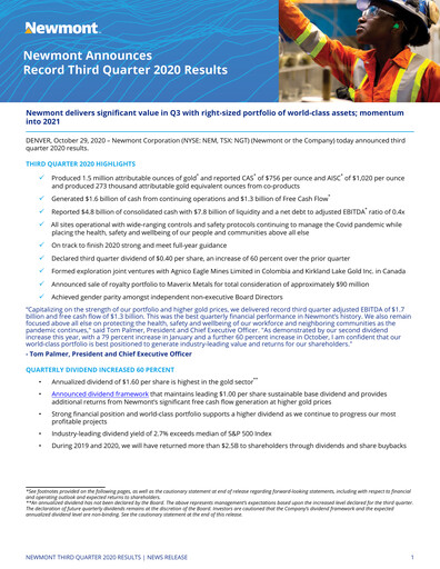 Miniature Newmont Rapport trimestriel 2020-q3