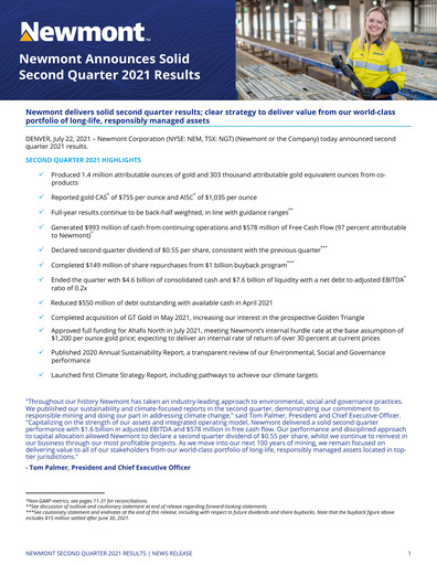 Miniature Newmont Rapport trimestriel 2021-q2