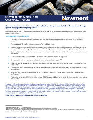 Miniature Newmont Rapport trimestriel 2021-q3