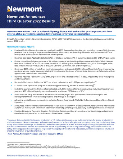 Miniature Newmont Rapport trimestriel 2022-q3