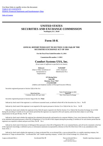 Thumbnail Comfort Systems USA Annual Report 2014