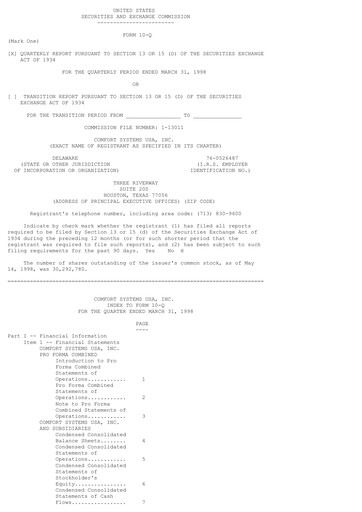 Thumbnail Comfort Systems USA Quarterly Report 1998-q1