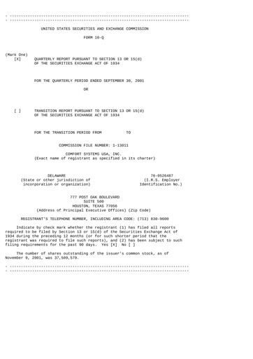 Thumbnail Comfort Systems USA Quarterly Report 2001-q3