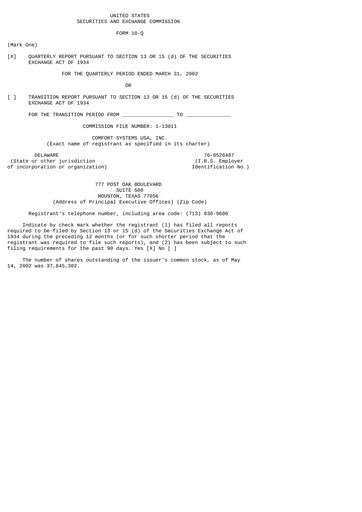 Thumbnail Comfort Systems USA Quarterly Report 2002-q1