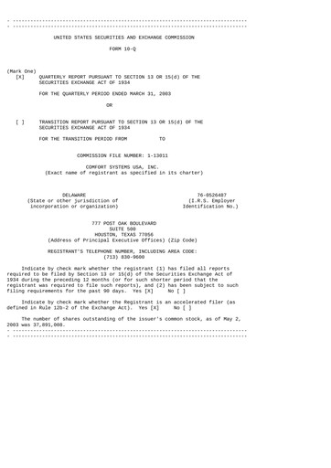 Thumbnail Comfort Systems USA Quarterly Report 2003-q1