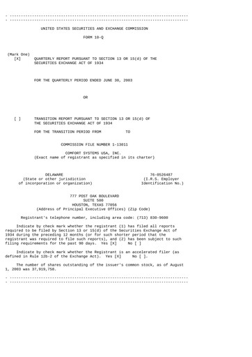 Thumbnail Comfort Systems USA Quarterly Report 2003-q2