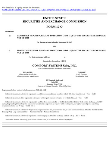 Thumbnail Comfort Systems USA Quarterly Report 2007-q3