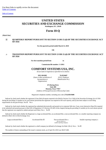 Thumbnail Comfort Systems USA Quarterly Report 2010-q1