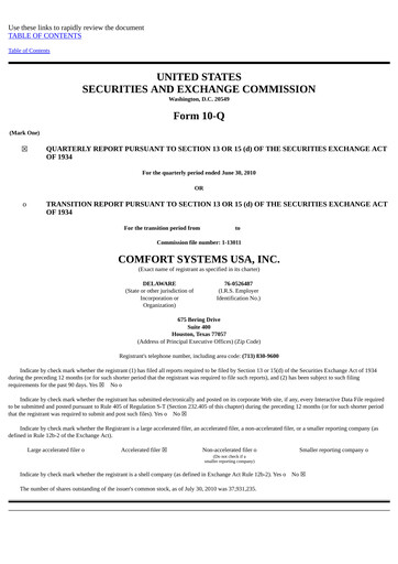 Thumbnail Comfort Systems USA Quarterly Report 2010-q2