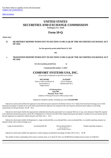 Thumbnail Comfort Systems USA Quarterly Report 2011-q1