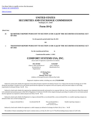 Thumbnail Comfort Systems USA Quarterly Report 2011-q2