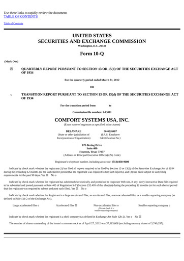 Thumbnail Comfort Systems USA Quarterly Report 2012-q1