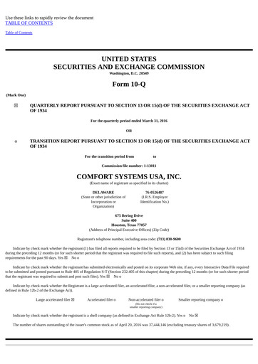 Thumbnail Comfort Systems USA Quarterly Report 2016-q1