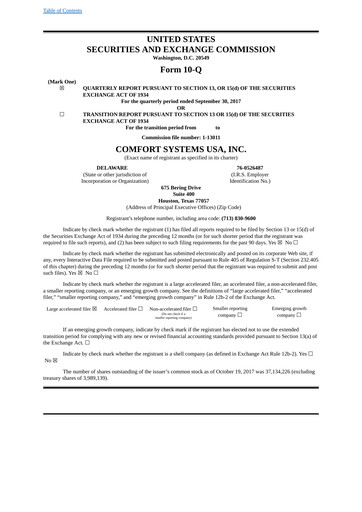 Thumbnail Comfort Systems USA Quarterly Report 2017-q3