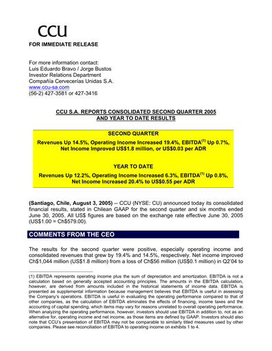 Miniature Compañía Cervecerías Unidas Rapport trimestriel 2005-q2