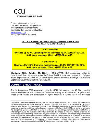 Miniature Compañía Cervecerías Unidas Rapport trimestriel 2005-q3