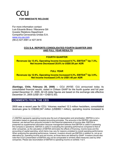 Miniature Compañía Cervecerías Unidas Rapport trimestriel 2005-q4