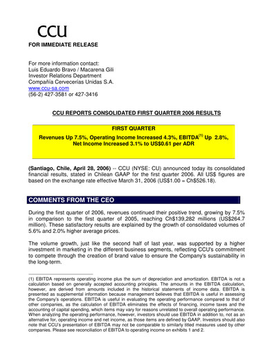 Miniature Compañía Cervecerías Unidas Rapport trimestriel 2006-q1