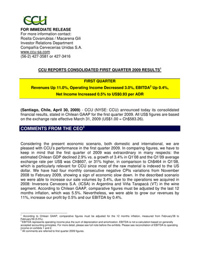 Miniature Compañía Cervecerías Unidas Rapport trimestriel 2009-q1