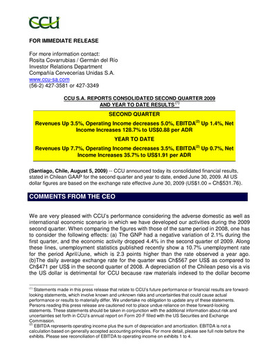 Miniature Compañía Cervecerías Unidas Rapport trimestriel 2009-q2