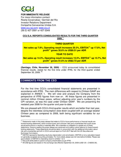 Miniature Compañía Cervecerías Unidas Rapport trimestriel 2009-q3