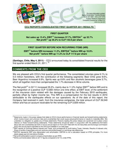 Miniature Compañía Cervecerías Unidas Rapport trimestriel 2011-q1