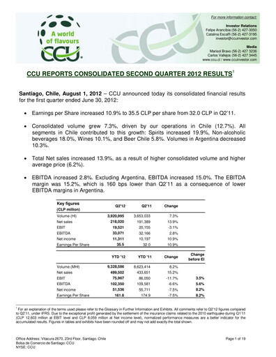Miniature Compañía Cervecerías Unidas Rapport trimestriel 2012-q2