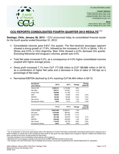 Miniature Compañía Cervecerías Unidas Rapport trimestriel 2012-q4