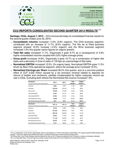 Miniature Compañía Cervecerías Unidas Rapport trimestriel 2013-q2
