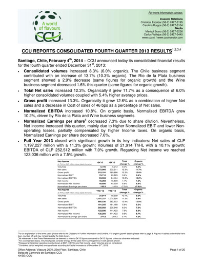 Miniature Compañía Cervecerías Unidas Rapport trimestriel 2013-q4