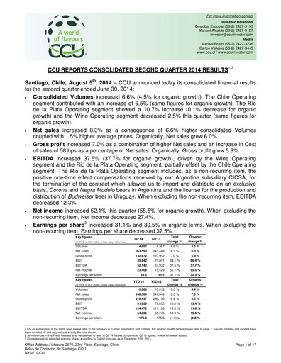 Miniature Compañía Cervecerías Unidas Rapport trimestriel 2014-q2