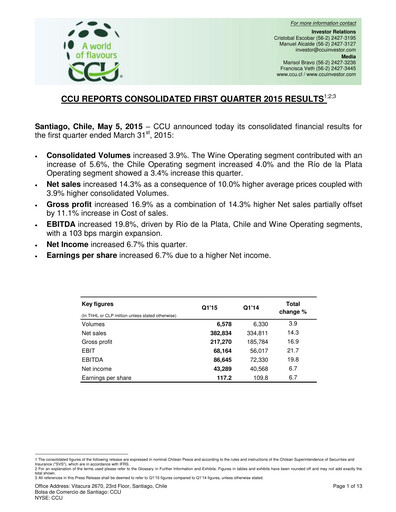 Miniature Compañía Cervecerías Unidas Rapport trimestriel 2015-q1