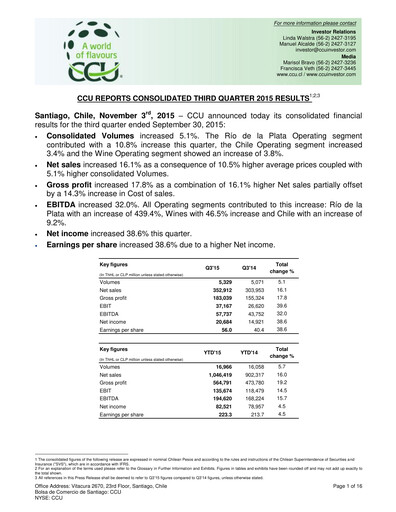 Miniature Compañía Cervecerías Unidas Rapport trimestriel 2015-q3