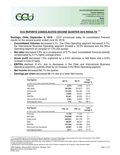 Miniature Compañía Cervecerías Unidas Rapport trimestriel 2016-q2