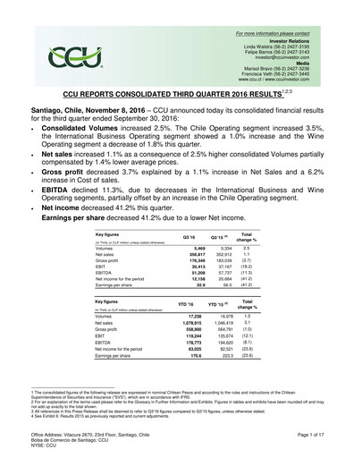Miniature Compañía Cervecerías Unidas Rapport trimestriel 2016-q3