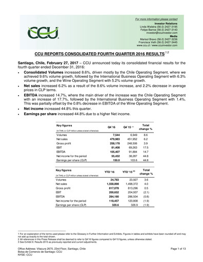 Miniature Compañía Cervecerías Unidas Rapport trimestriel 2016-q4