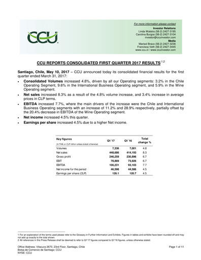 Miniature Compañía Cervecerías Unidas Rapport trimestriel 2017-q1
