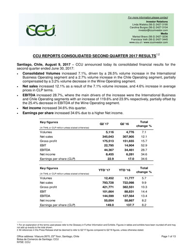 Miniature Compañía Cervecerías Unidas Rapport trimestriel 2017-q2