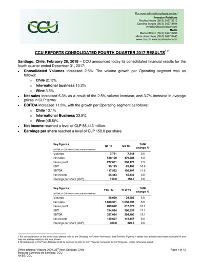 Miniature Compañía Cervecerías Unidas Rapport trimestriel 2017-q4