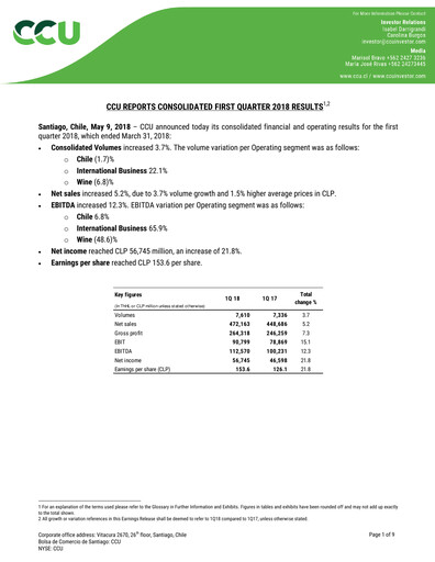Miniature Compañía Cervecerías Unidas Rapport trimestriel 2018-q1